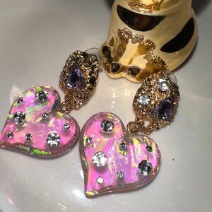 Dreamy Iridescent Pink Heart Crystal Statement Earrings